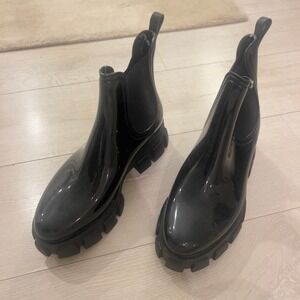 Splash Black Glossy Chunky Lug Sole Chelsea Rain Boots Womens 9